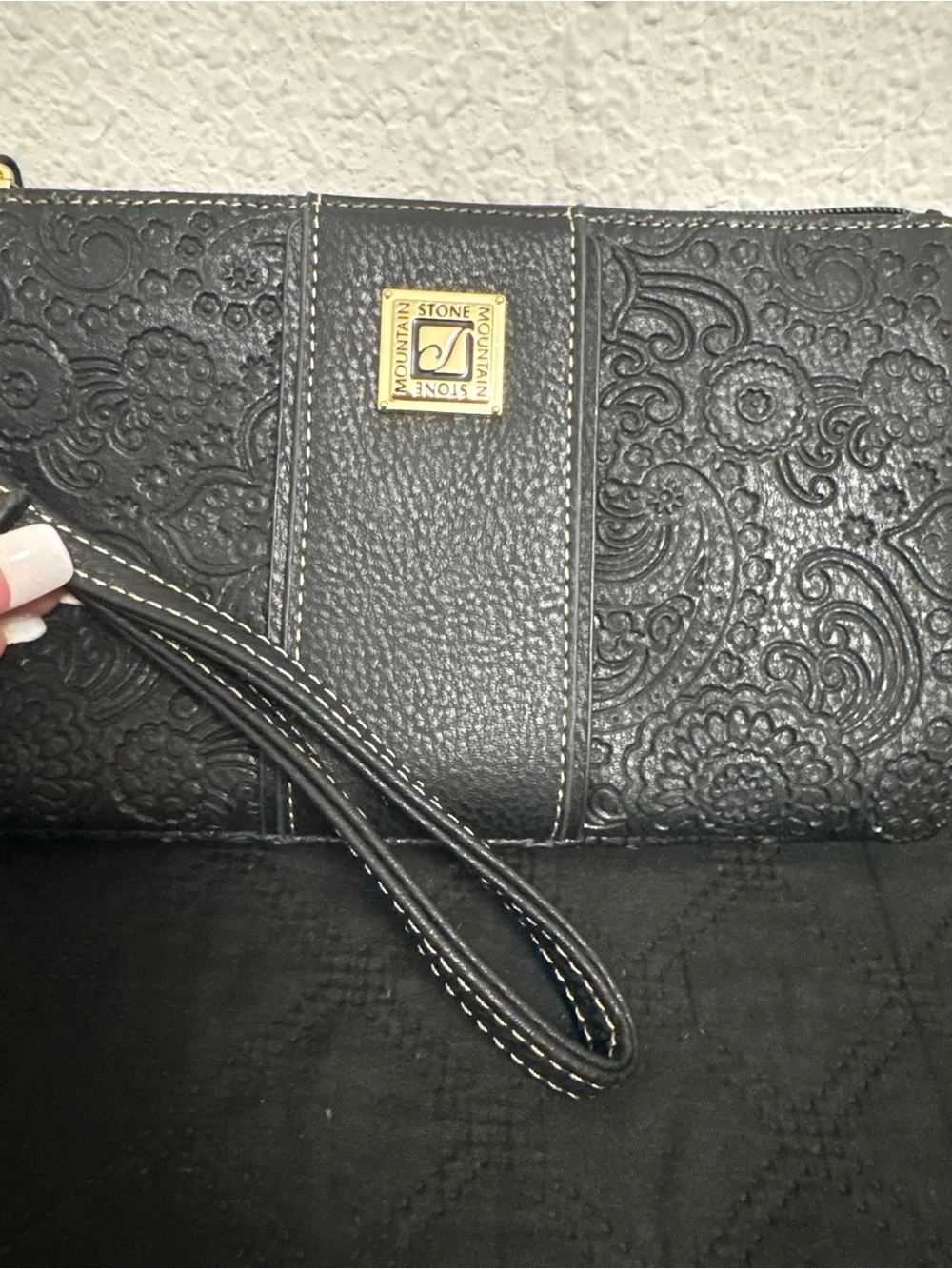 Elegant Black Embossed Wristlet Clutch - Designer Style
